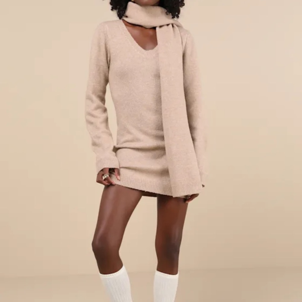 Beige Knit Sweater Dress with Scarf